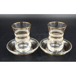 Turkish Gold Trim Tea Glasses and Saucers Frosted 4 Oz Teacups Set Of 2